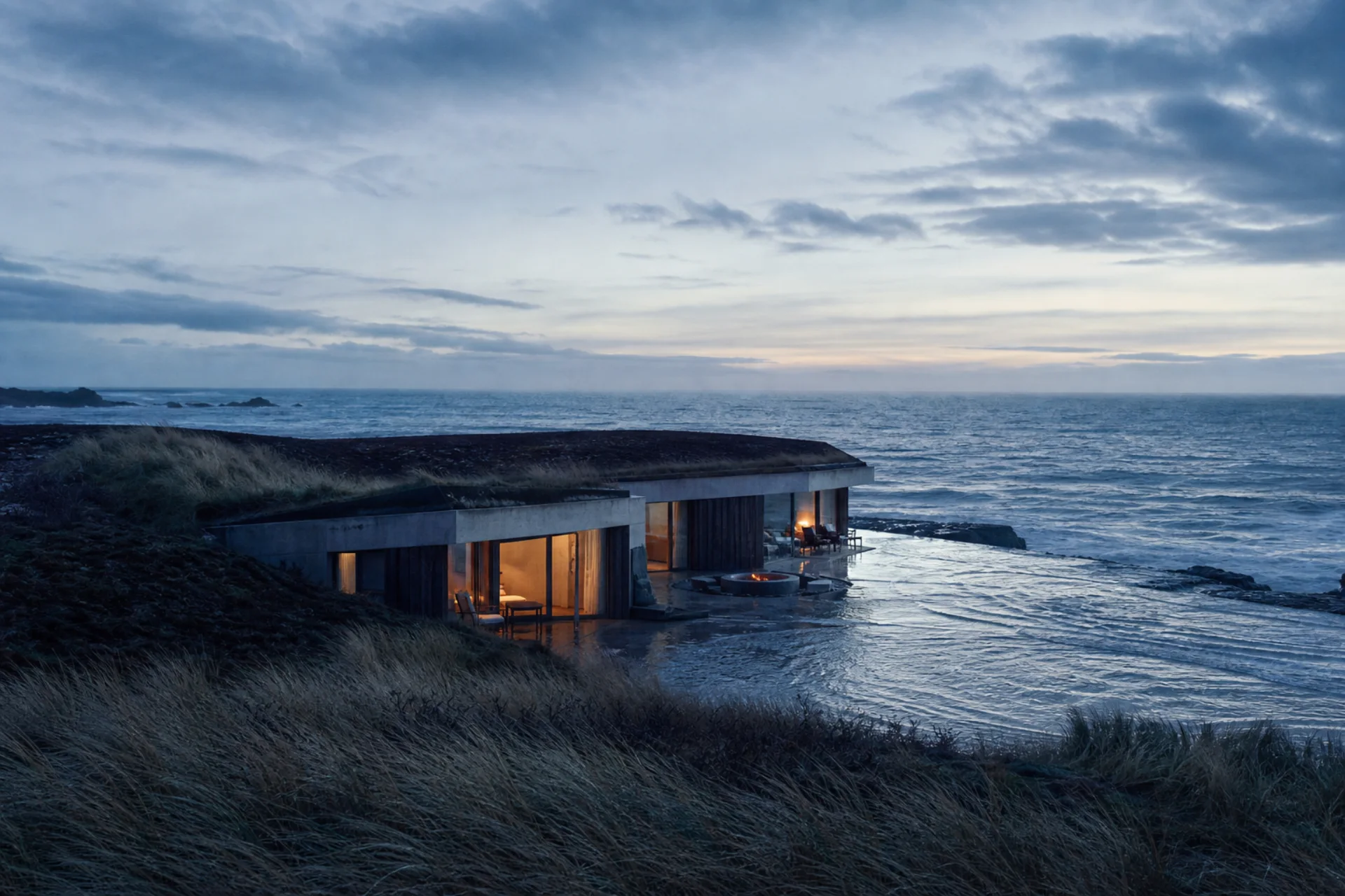 Ninth Tide hotel resting between dark coastal dunes and the sea