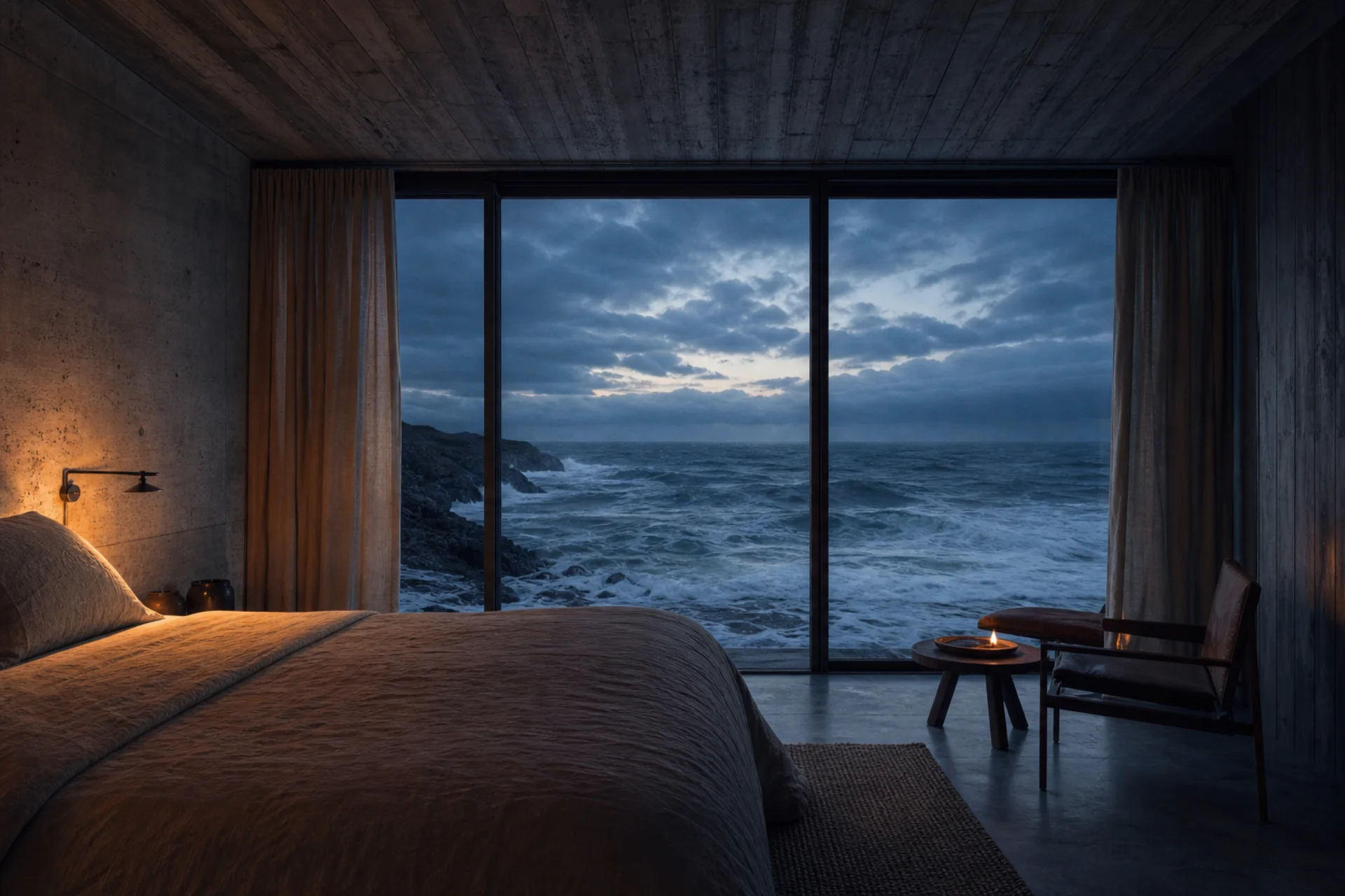 A quiet hotel room opening toward a silver ocean